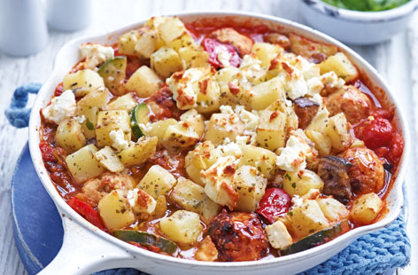 Fuel the family with this nourishing yet surprisingly quick and simple dish, flavour-packed with meatballs and baked vegetables.