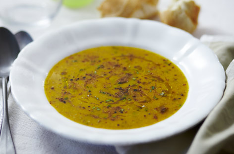 Nothing says autumn like this warming soup, where butternut squash is roasted with rosemary and garlic until soft and sweet, then blended and simmered with chestnuts. Serve with a sprinkling of ground dried wild mushrooms for extra depth of flavour.