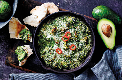 Make this easy vegetarian dip with avocados and spinach for a movie-night snack. Serve with toasted pitta breads for scooping and dipping