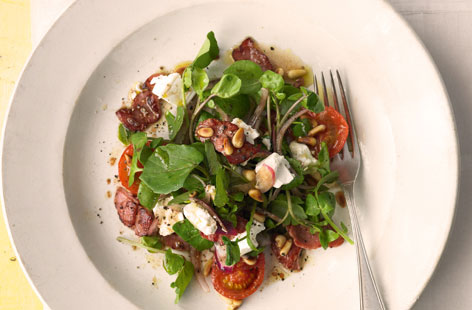 Sometimes a warm salad is in order and this recipe with watercress, roasted tomatoes, crispy bacon, tangy feta and pine nuts will pack your bowls with flavour.