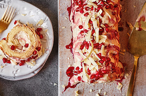Try a new twist on a classic Christmas yule log with this white chocolate and pomegranate version that's almost too pretty to eat