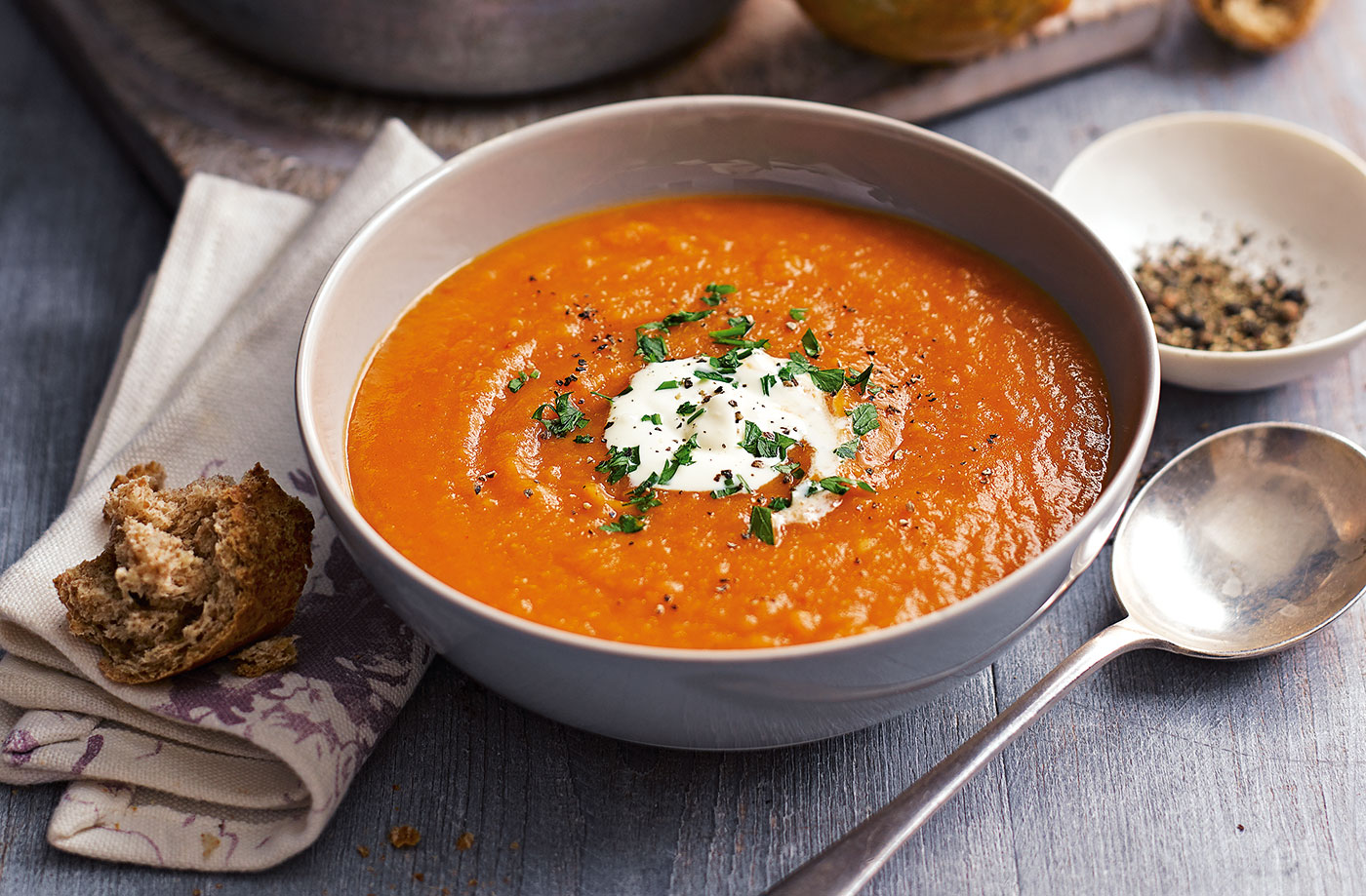 Spiced veg soup with crème fraîche recipe