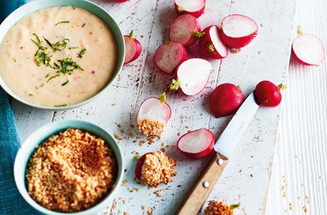 A fun, flavoursome snack of fresh spring radishes dipped in a creamy, fiery chilli and lime mayo and toasted sesame seeds - a delicious dish that can be whipped up in only 10 minutes