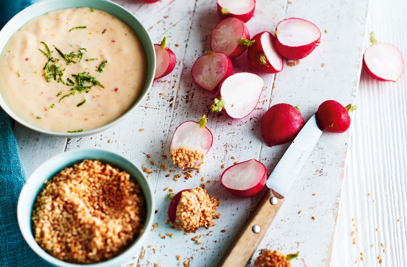 Spring radishes with chilli and lime mayo and toasted sesame seeds recipe