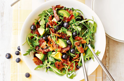 A tasty salad that's super quick to make - packed with creamy avocado, peppery rocket and smoky bacon, and topped with a delicious fruity dressing