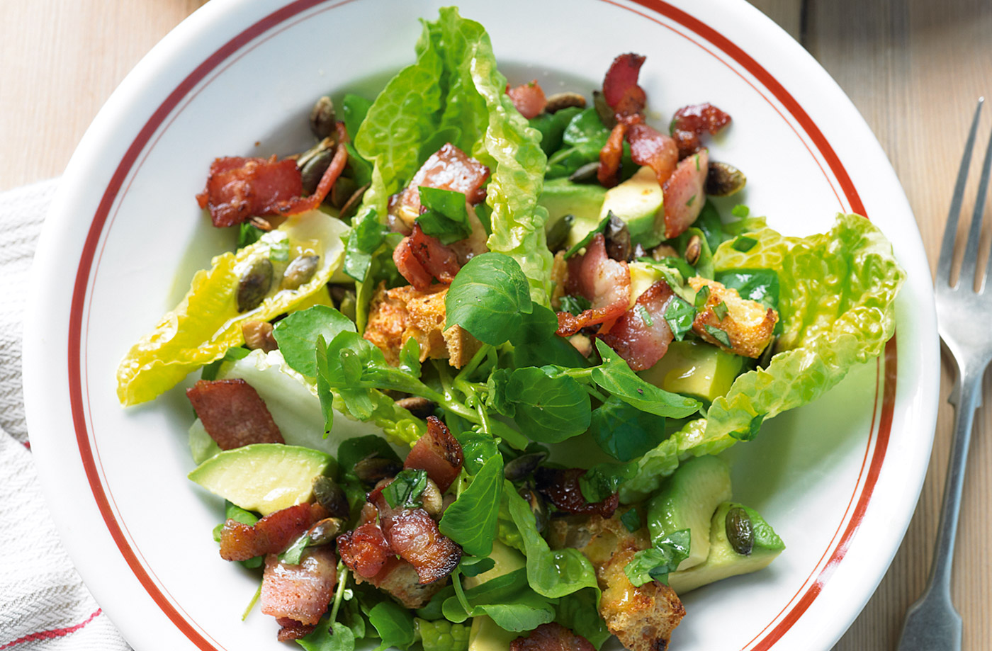 Bacon and avocado salad with Parmesan croutons recipe