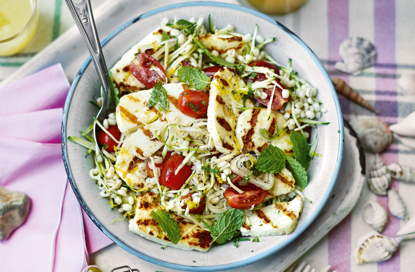 Barley, courgette and mint salad with barbecued halloumi recipe