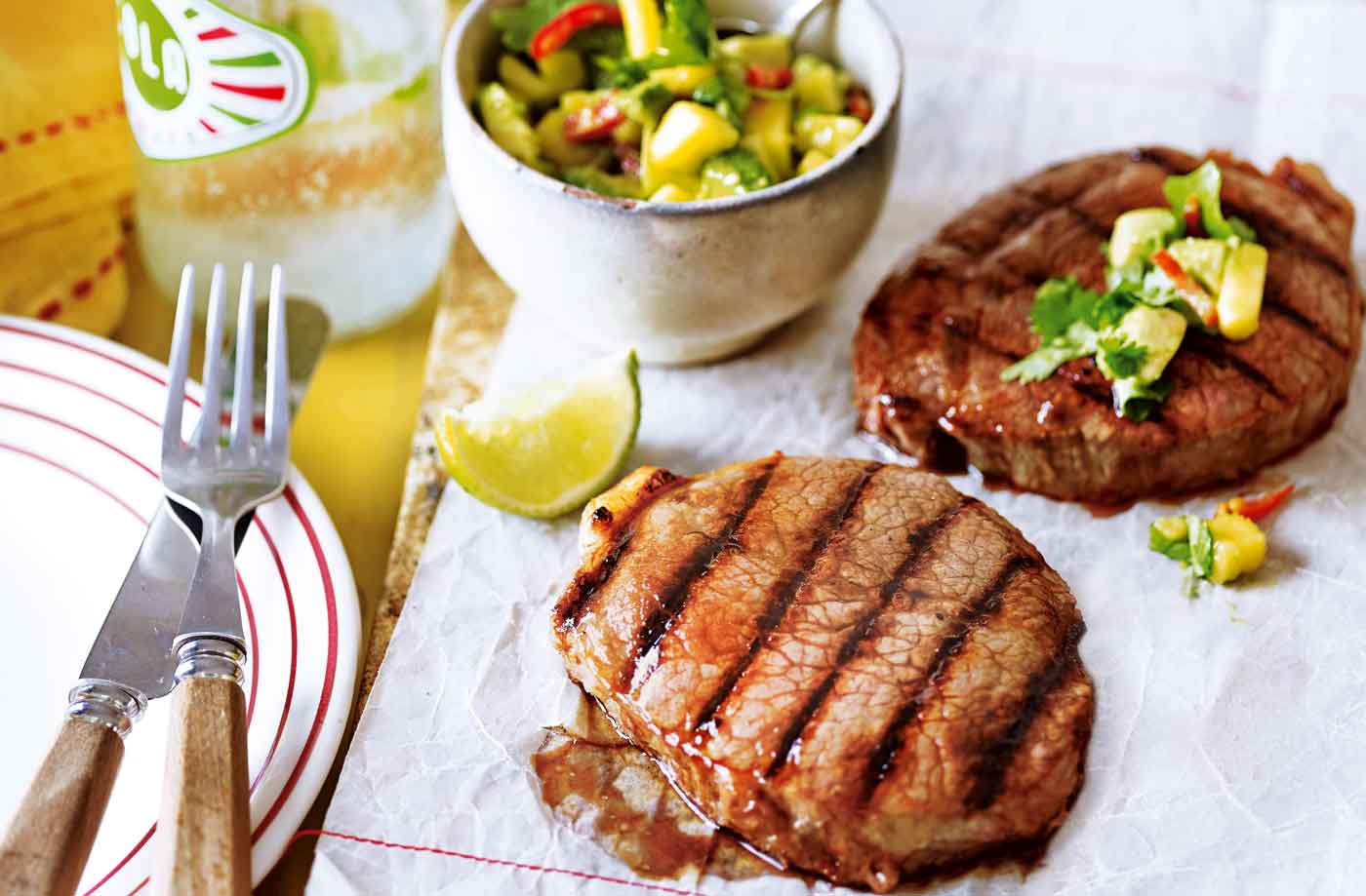 Barbecue steak with lime and mango salsa recipe