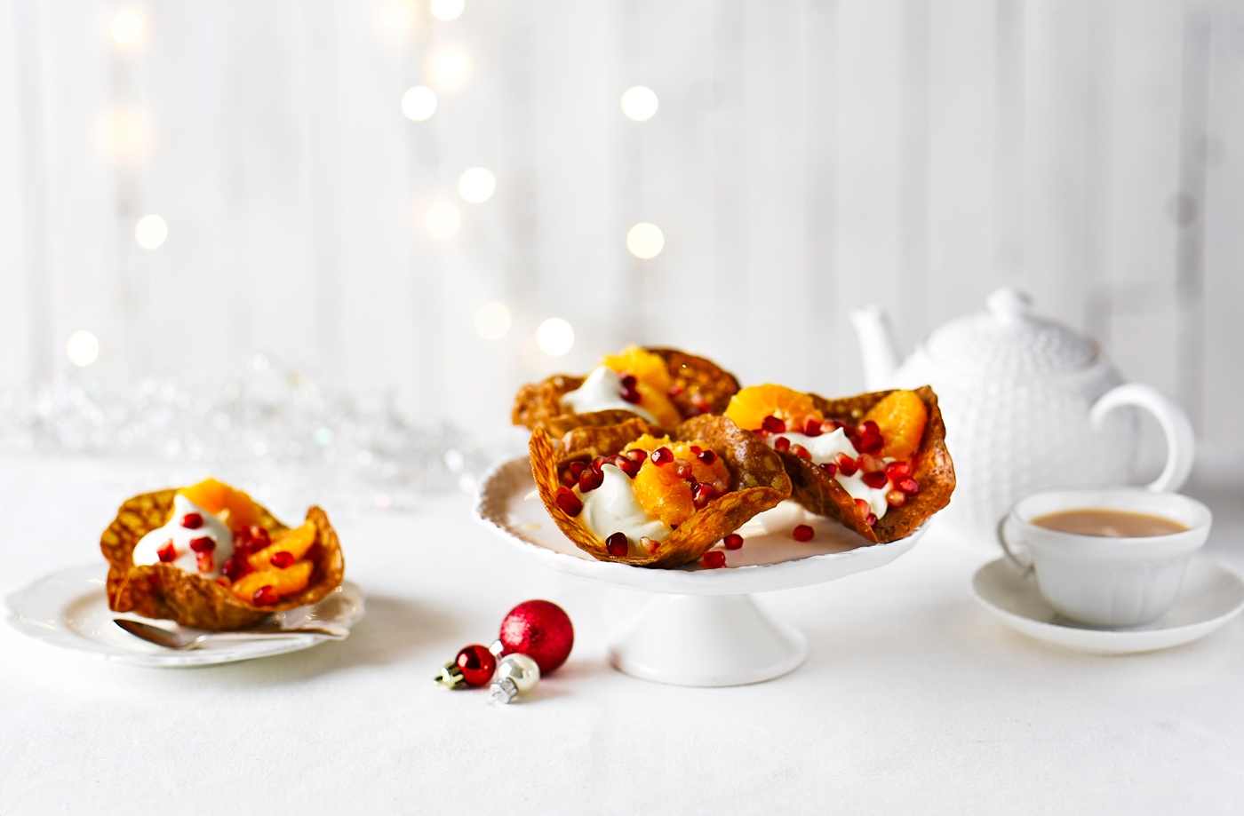 Clementine and pomegranate brandy snap baskets recipe