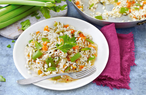 This seasonal risotto packs a punch with the taste of aromatic thyme-roasted celery, fennel seeds, chilli and mint