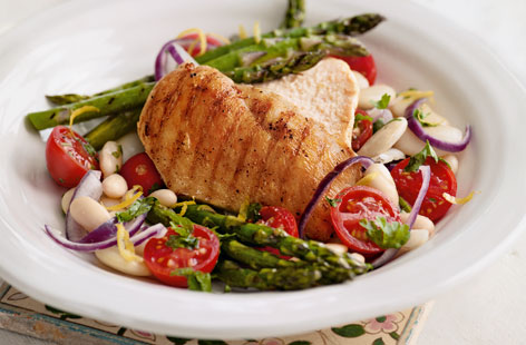 Chicken and asparagus are a lovely combination – and even more so when combined with butter and cannellini beans, cherry tomatoes, parsley and lemon in this easy, summery supper dish. A great midweek meal option.