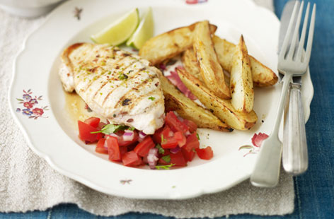 Love chicken and chips but worried they're a bit too unhealthy? This dish will change your mind. The chicken is marinated in lime and honey, while the homemade chips call for piri piri seasoning. The salsa on the side complements both perfectly.