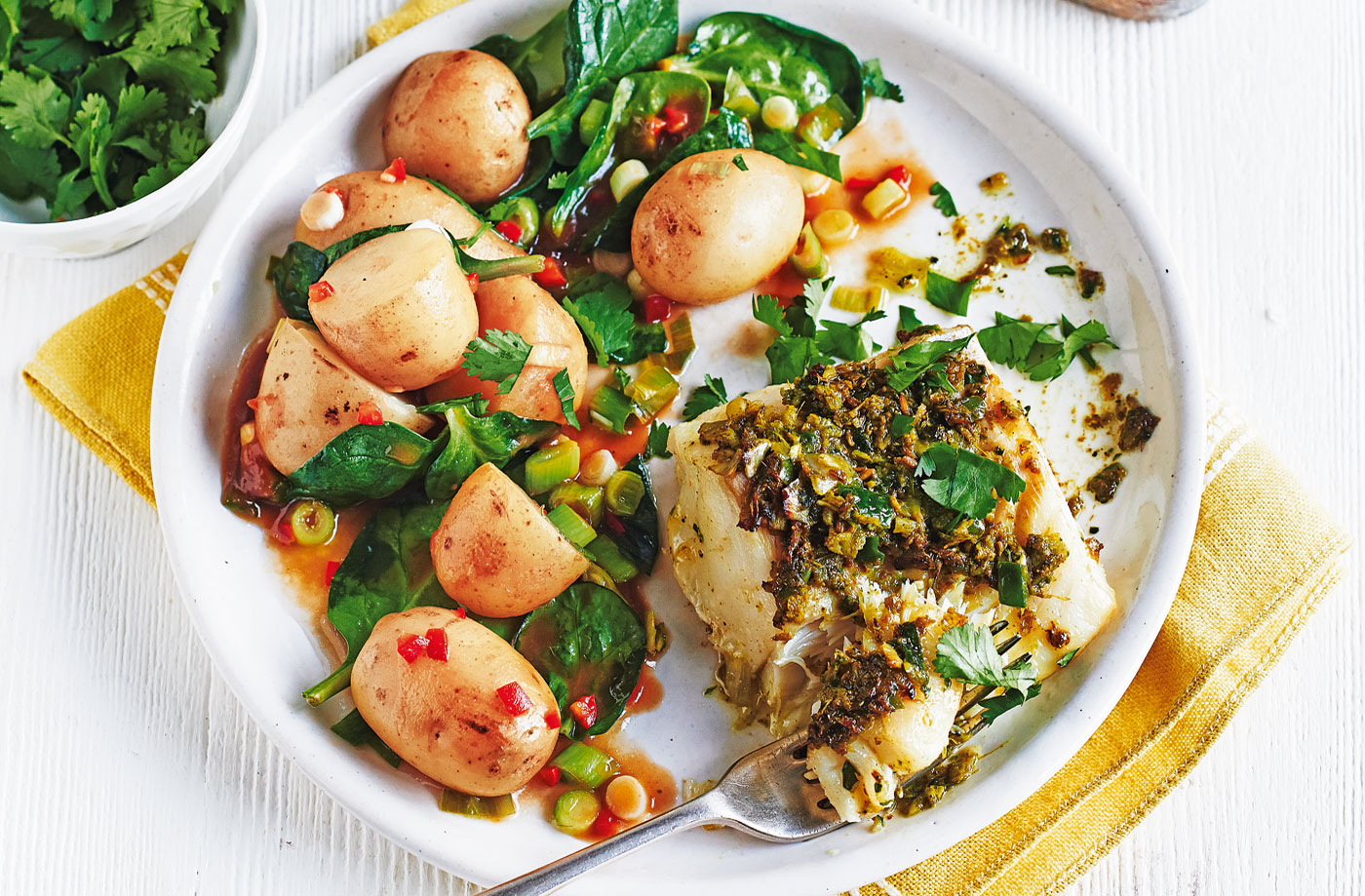 Spiced fish with tamarind potatoes recipe