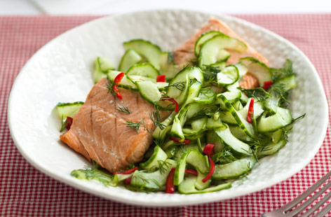 This cooling yet fiery cucumber salad is the perfect accompaniment to cold meat or fish. The cucumber is thinly sliced, then lightly pickled with salt, sugar and vinegar and tossed with dill and fresh chilli.
