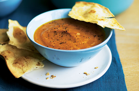 Curried carrot soup with cumin tortilla snaps recipe