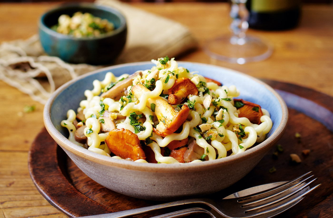 Tesco Finest fusilli with wild mushrooms and almond gremolata recipe