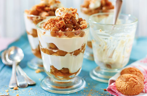 This quick and easy gooseberry fool, topped with crunchy amaretti crumbs, is a quick and easy way to enjoy seasonal fruit