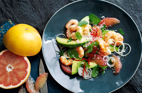 This colourful, vibrant salad is full of fresh, exciting flavours. There's soft buttery avocado with refreshing pink grapefruit, big juicy prawns and creamy coconut. Top with herbs, chilli and a umami dressing are you on to even more of a winner.