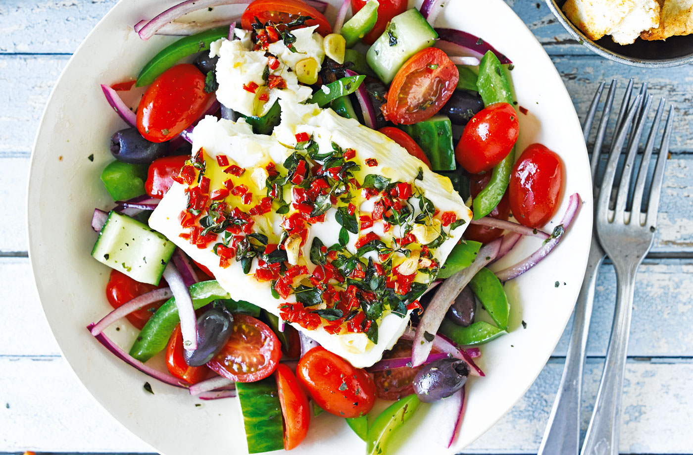 Baked feta with Greek salad and pitta chips recipe