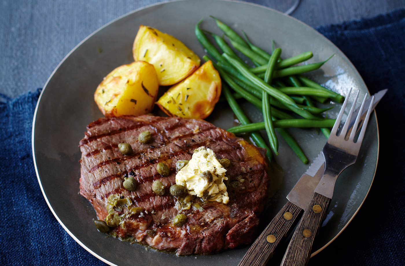 Tesco Finest griddled steak with caper butter, green beans and crisp potatoes recipe