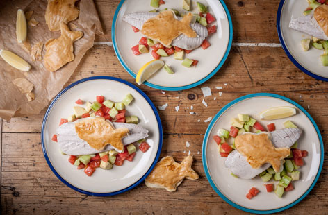 Chef William Drabble's recipe for baked mackerel with salsa and fishy crisps is a visual and literal feast. Topped with a fish-shaped pastry crisp that'll please the child inside us all, each mackerel fillet should be cooked till its tender, flaky, and delicious.