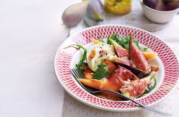Marinated figs with mozzarella, jamón and melon recipe