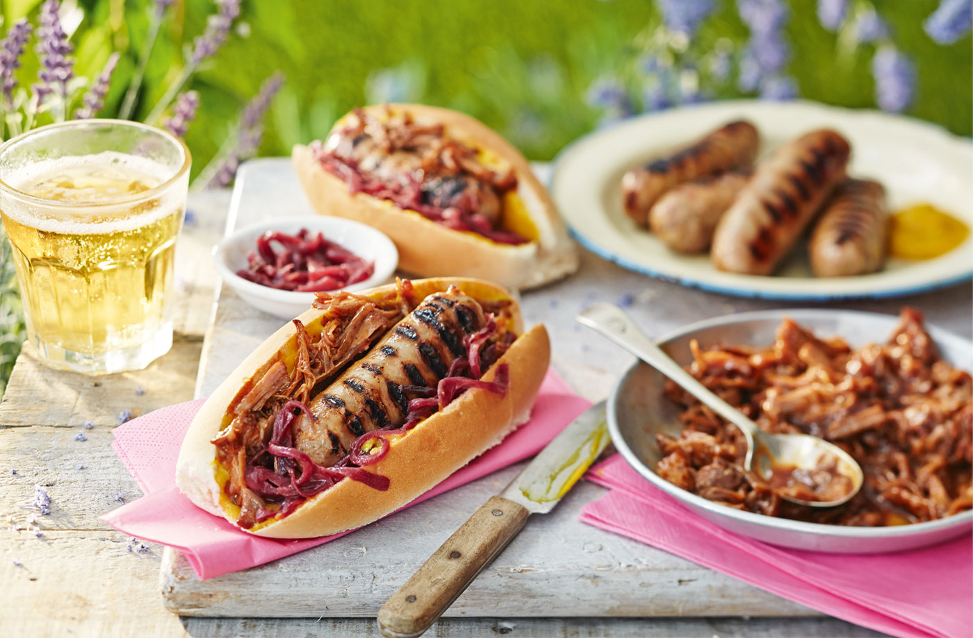 Hot dogs with pulled pork and a red onion relish recipe