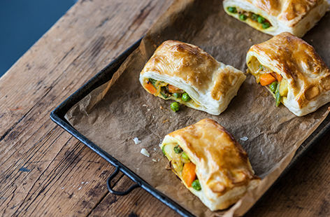 These delicious puffs from Alfred Prasad are a great vegetarian recipe for kids, with a tiny bit of spice introducing Indian flavours but not overpowering the dish. The kids can help out making the big sausage roll shape with the pastry.