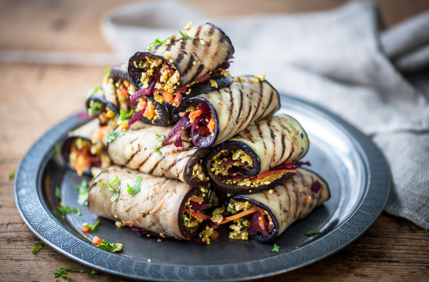 Alfred Prasad's grilled aubergine rolls recipe