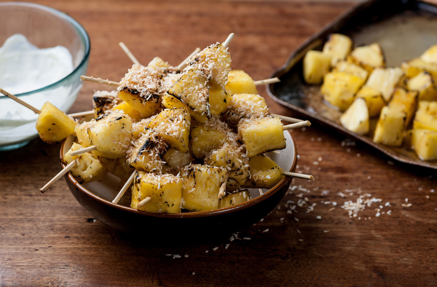 William Drabble’s pineapple kebabs with lime crème fraîche and toasted coconut recipe