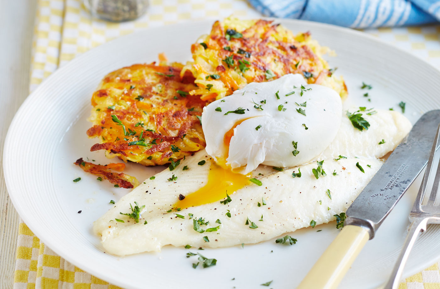 Root veg rösti with fish & egg recipe