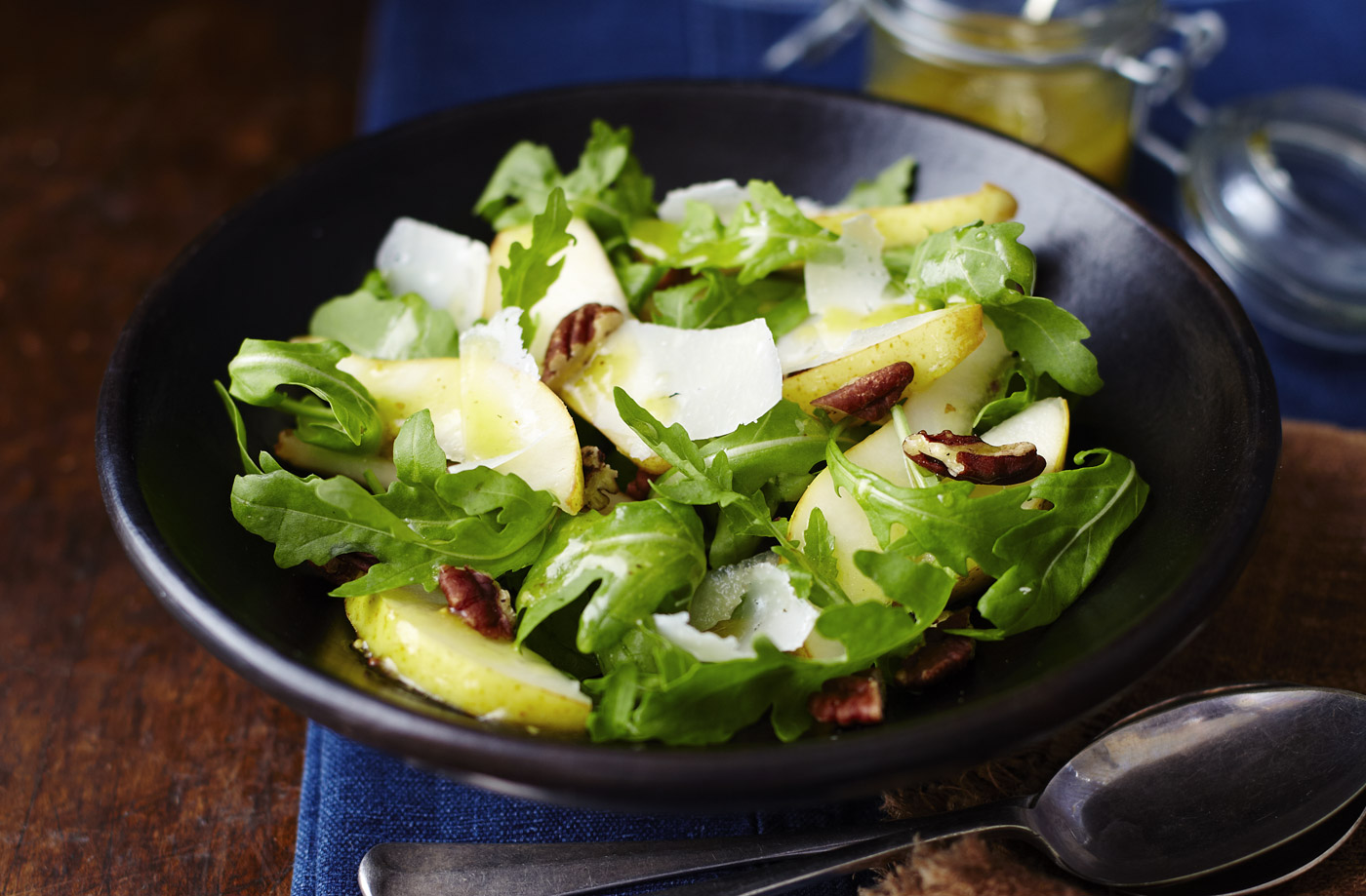 Tesco Finest shaved parmesan, pear, pecan and rocket salad with a honey-mustard dressing recipe