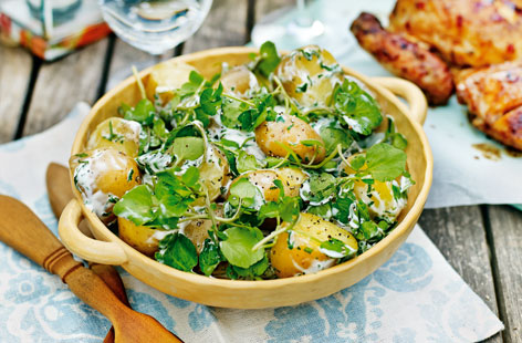 It wouldn't be a barbecue without a potato salad and this recipe including fresh herbs, yoghurt and watercress is a delicious take on this summery classic. Aromatic mint, parsley and basil are mixed with boiled and seasoned potatoes, but a cheeky squeeze of mayo is the key secret ingredient here.