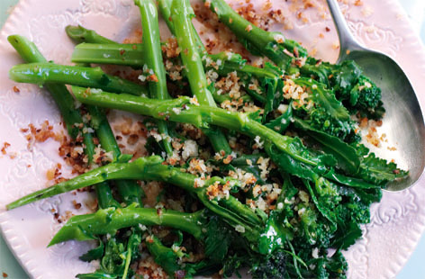 Purple broccoli with garlic crumbs