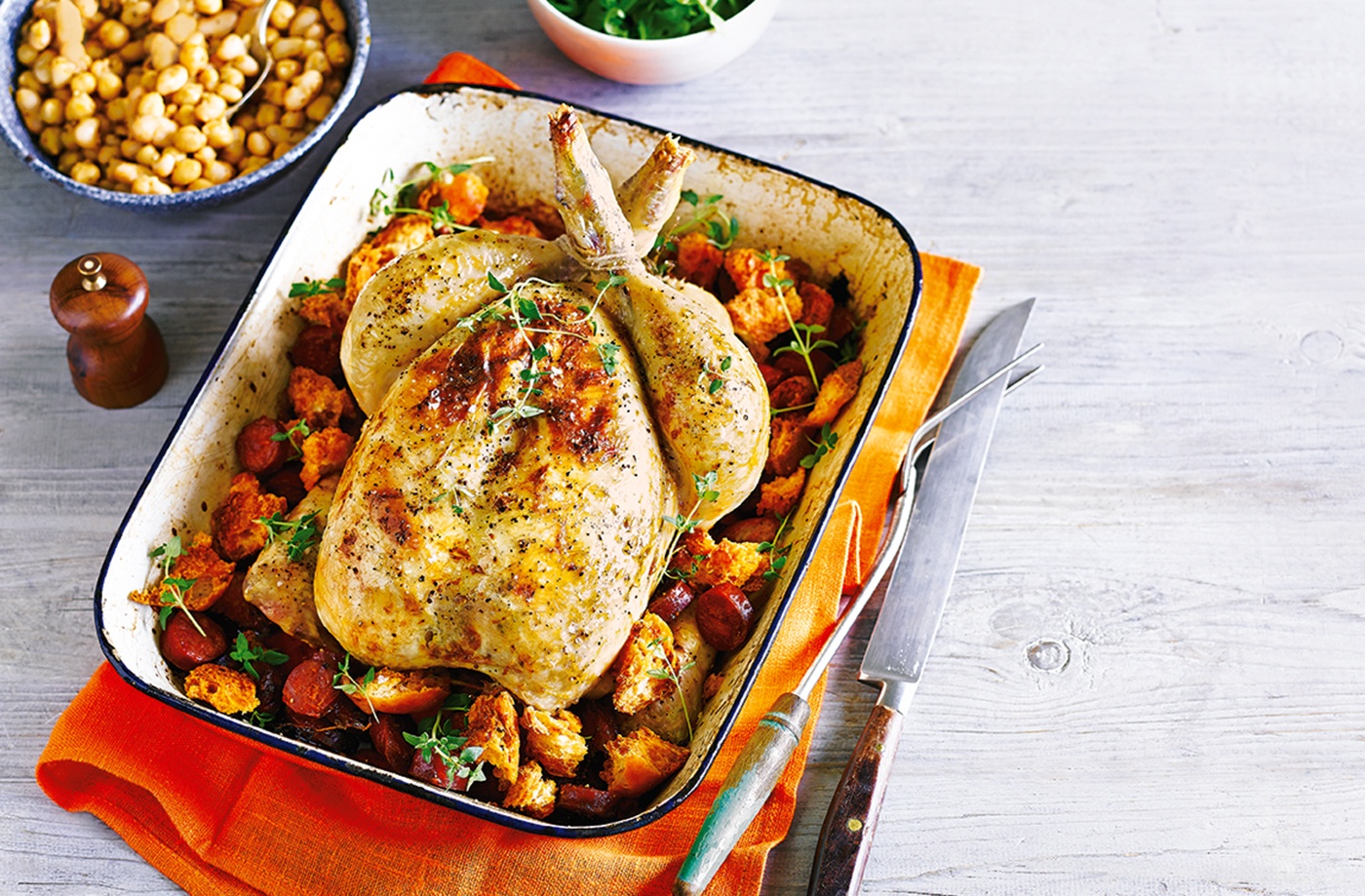 Lemon and thyme roast chicken with chorizo and ciabatta croutons recipe