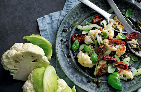 This warm lentil salad features cumin roasted cauliflower, capers, sundried tomatoes and crunchy, finely chopped celery heart for a subtle aniseed hit. The sherry vinegar and Dijon mustard dressing, poured over the salad when hot helps the lentils absorb the gorgeous flavours.