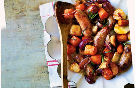 Sausage and root veg bake with honey orange dressing recipe