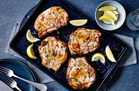 Using storecupboard staples, this spiced mayo-marinated pork loin steak recipe makes for a meal that uses minimal ingredients. Spicy cayenne, crushed fennel seeds and plenty of lemon pack the pork with flavour whilst the mayo in the marinade helps form a crisp golden crust as the pork cooks.
