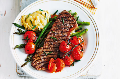Steak with cheese and chive polenta