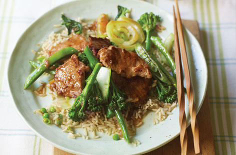 It's always handy to have a new stir-fry dish to add to your repertoire and this simple, quick pork one is a definite hit. Rice wine (or brandy), soy sauce and sesame oil make a fantastic marinade. Broccoli, sugar snap peas and pak choi add texture and crunch.