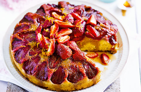 If you're looking for something a little more elaborate than strawberries and cream, this strawberry cake recipe is flipped and studded with sticky caramelised strawberries and orange. An orange and vanilla syrup is poured over the top after baking for a tantalisingly moist and fruity sponge.
