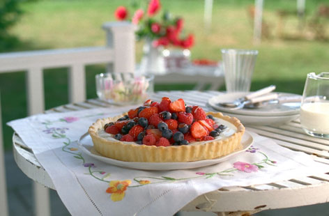 This summer tart could technically be one of your five a day. A cream, mascarpone and lemon curd filling is poured into a blind-baked case, then decorated with a tempting pile of raspberries, blueberries and strawberries. The fruit is brushed with melted redcurrant jelly for a professional sheen.