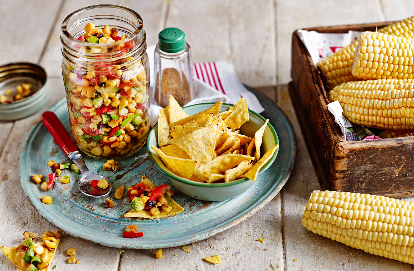 Sweetcorn relish with tortilla chips recipe