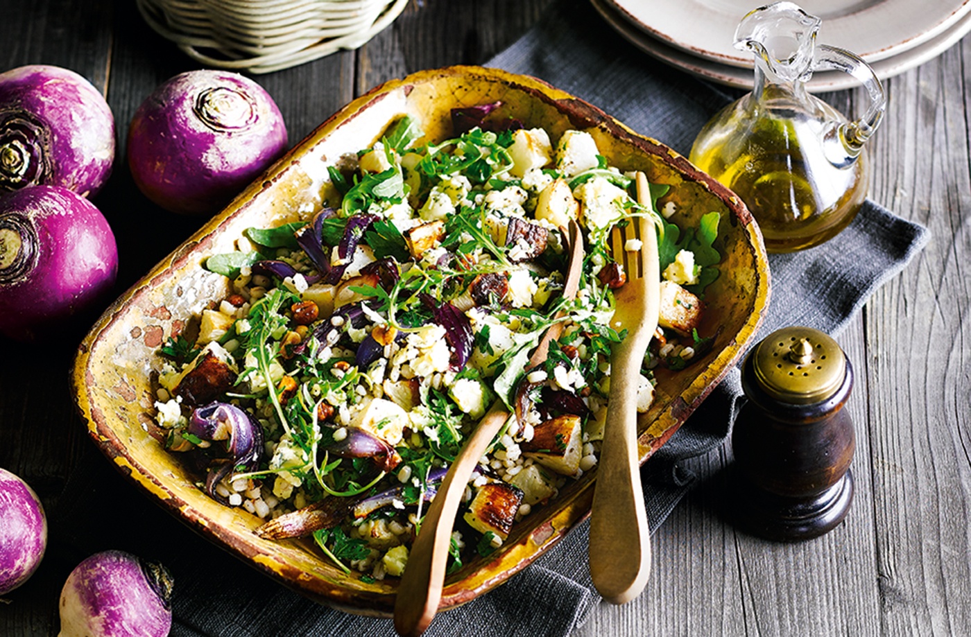 Roasted turnip with barley, Stilton and hazelnuts recipe