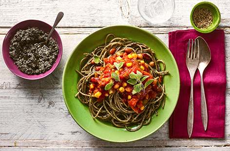 Vegan-friendly black olive pesto adds a strong savoury note to this plant-based pasta recipe