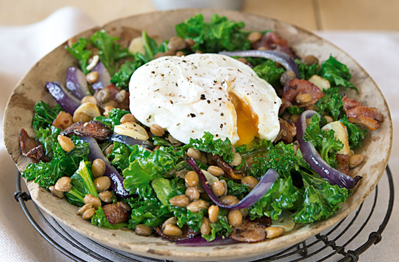 Warm kale, bacon and lentil salad with poached egg recipe
